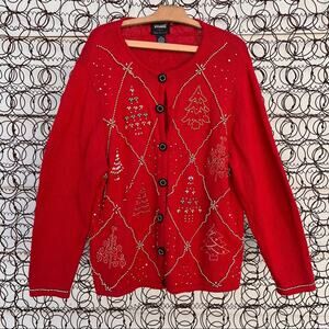 Vintage 90s Studio Joy red button down Ugly Christmas cardigan beaded trees